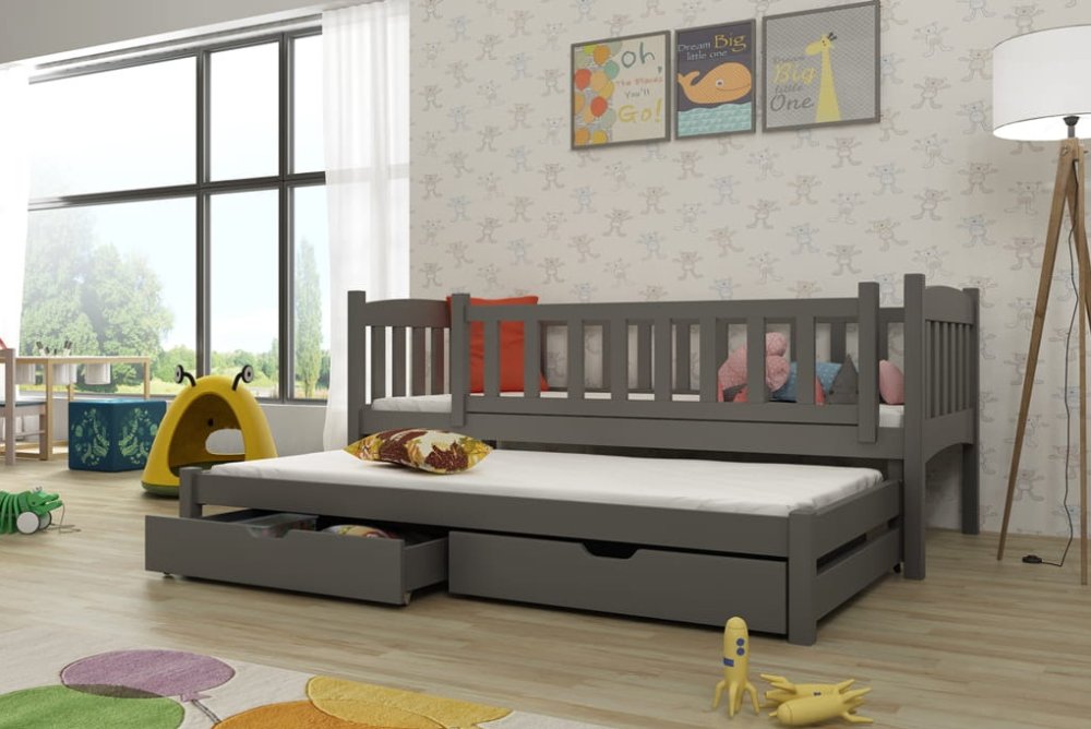 Veneti Detská posteľ s prístelkou a so zásuvkami ADINA - 80x160, grafit